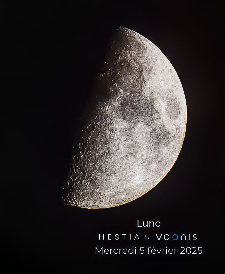 photo de la Lune, dans son premier quartier, les cratères son bien visibles même si la photo est bruitée